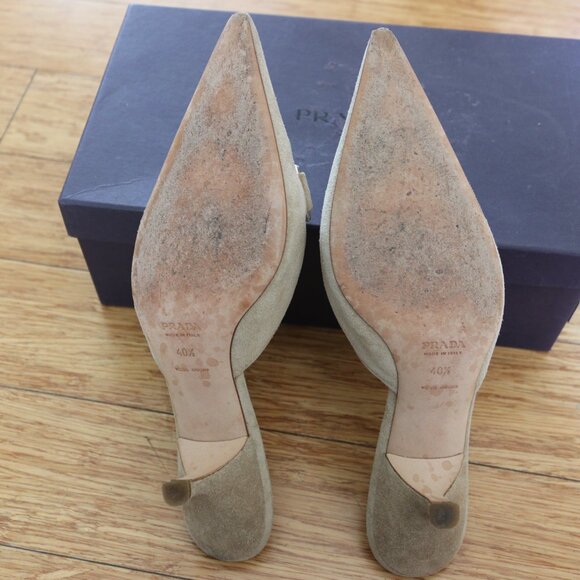 Prada Leather Suede Beige/Tan Silver Buckle Mule Heels Size 40.5 - Picture 5 of 8